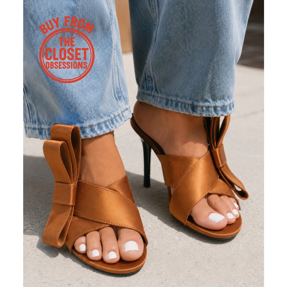 ZARA Brown Satin Bow Heels NWT Statement Strappy Sandals Size 7.5 8 - Picture 2 of 16